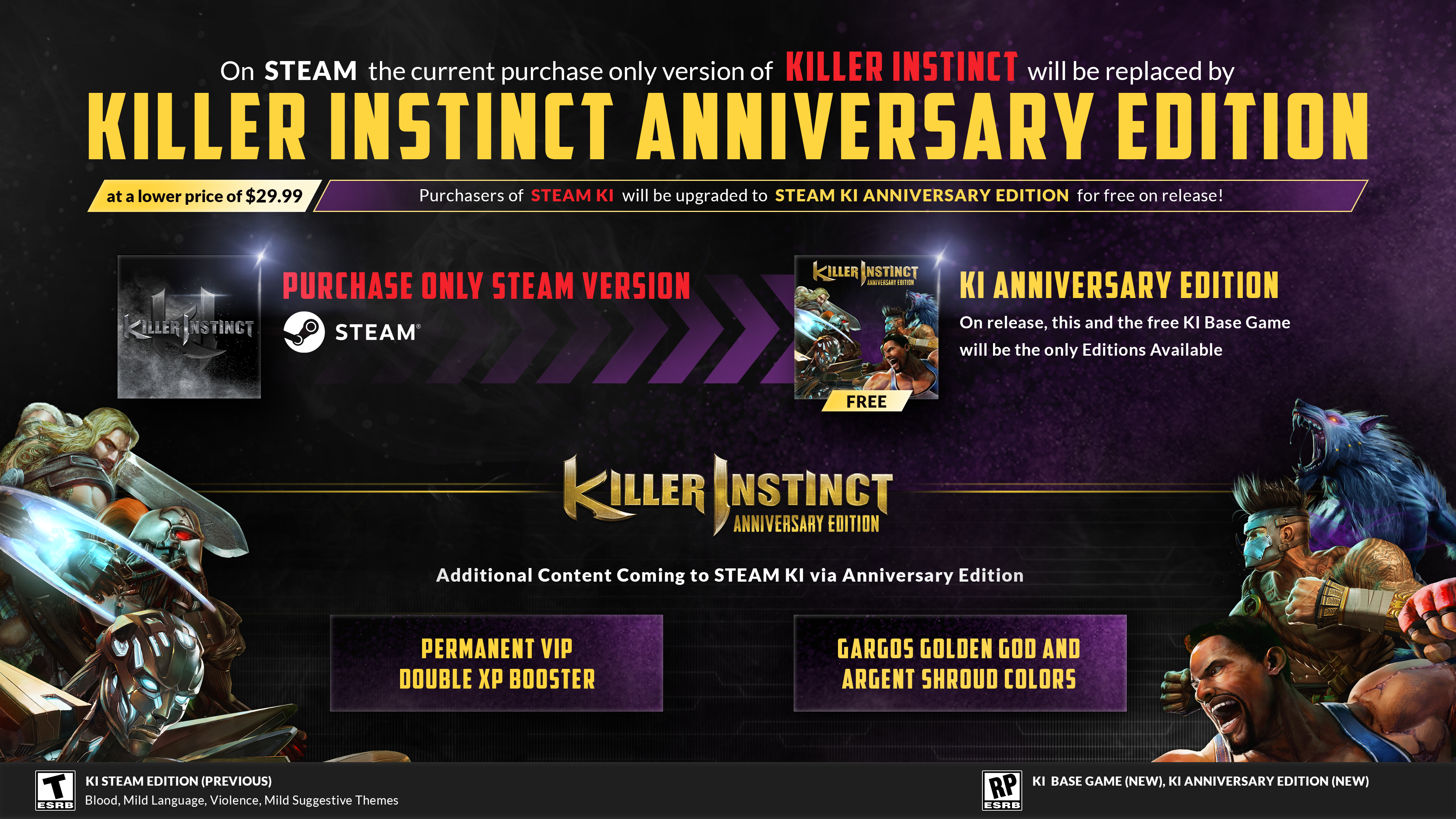 On STEAM the current purchase only version of Killer Instinct will be replaced by Killer Instinct Anniversary Edition at a lower price of $29.99 Purchasers of STEAM KI will be upgraded to Steam KI Anniversary Edition for free on release! Purchase only Steam version >>> KI Anniversary Edition ($29.99) On release, this and the free KI Base Game will be the only Editions available Additional Content Coming to Steam KI via Anniversary Edition: Permanent VIP Double XP Booster Gargos Golden God and Argent Shroud colors ESRB Rated T for Teen: KI Steam Edition (PREVIOUS); Blood, Mild Language, Violence, Mild Suggestive Themes ESRB Rated RP for Rating Pending, Steam: KI Base Game (NEW), KI Anniversary Edition (NEW)