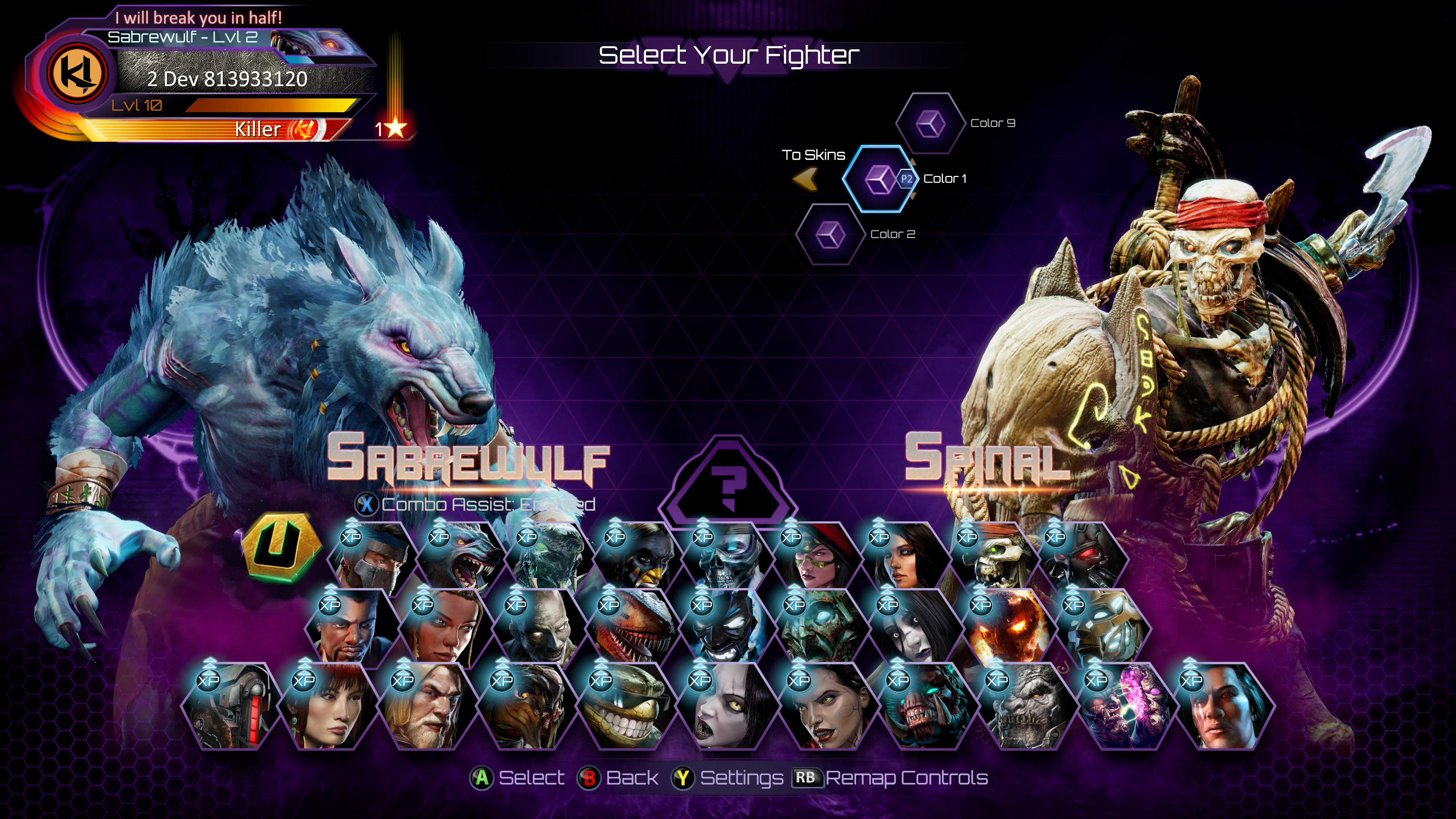 A full screen shot of the character select screen, featuring Sabrewulf for Player 1 and Spinal for Player 2.