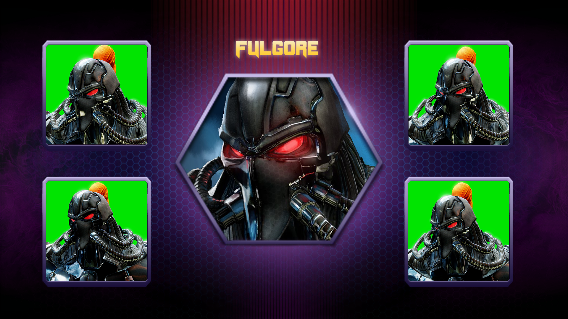 Fulgore's final character icon positioned in the center of the image, surrounded by 4 smaller images of different reference frames used to create the final image.
