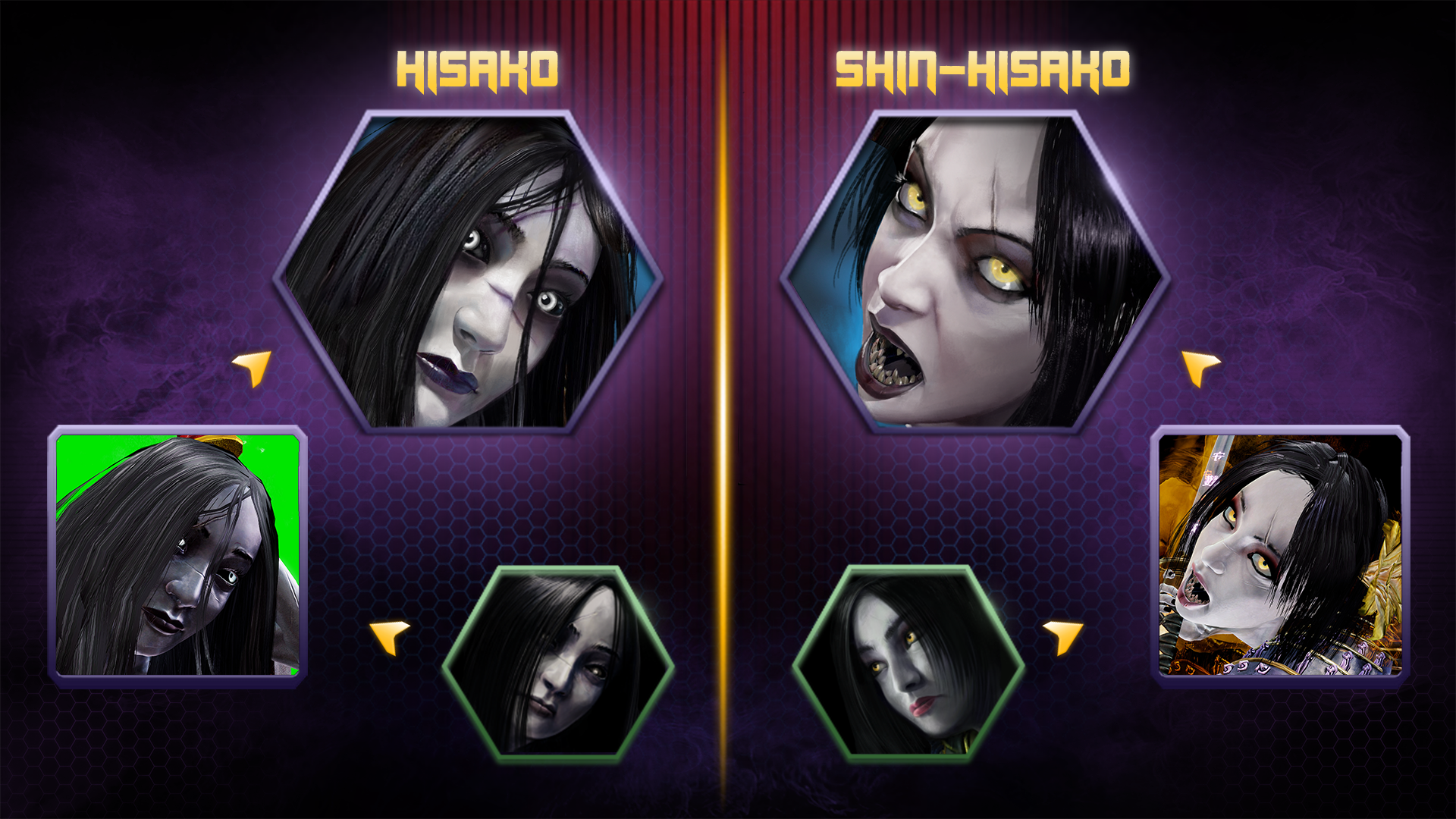 Hisako and Shin-Hisako's final character icon positioned in the top-center of the image, with 2 transition photos comparing the previous icons, with green screen reference images used for the latest art, ending with the latest icon.