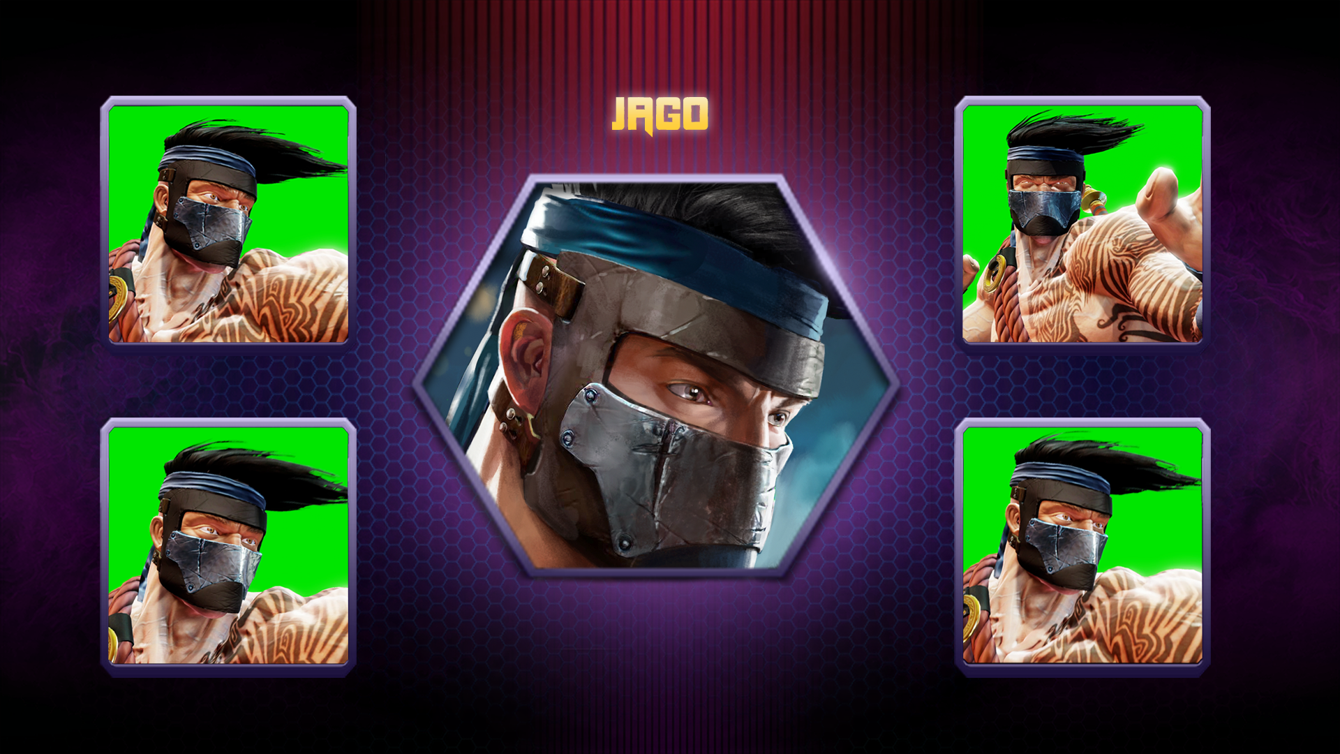 Jago's final character icon positioned in the center of the image, surrounded by 4 smaller images of different reference frames used to create the final image.