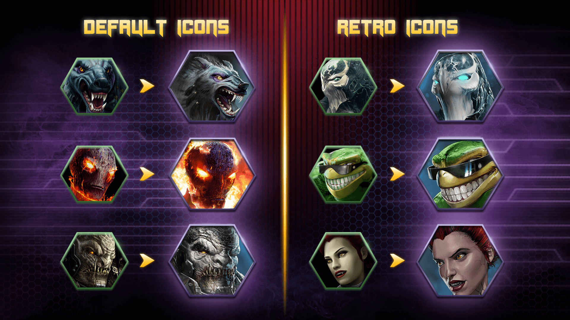 A comparison of previous and current default and retro icons, featuring Sabrewulf, Cinder, General RAAM, Glacius, Rash, and Mira