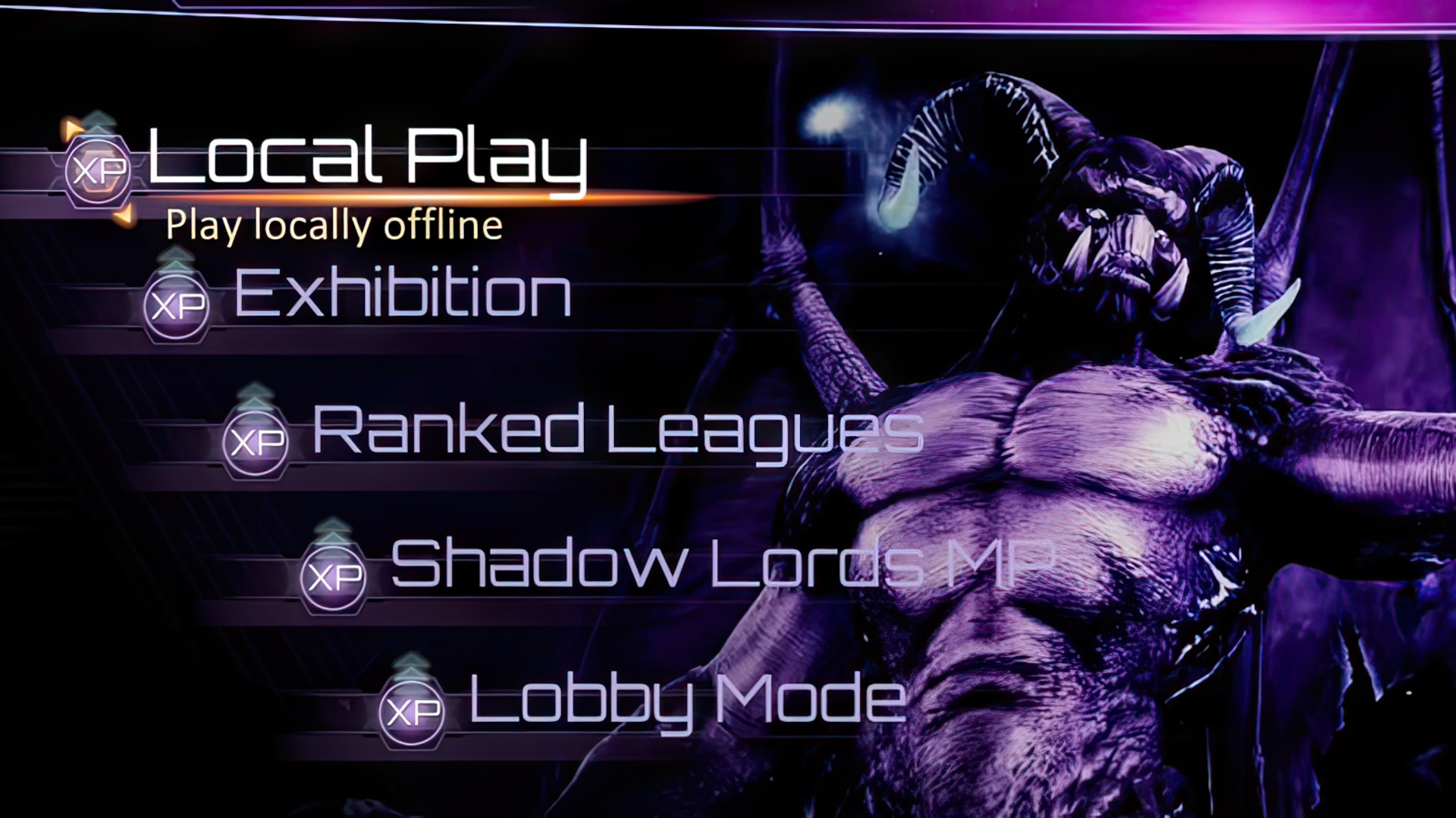 A screenshot of the KI Menu, text reads "Local Play, Play locally offline Exhibition Ranked Leagues Shadow Lords MP Lobby Mode"
